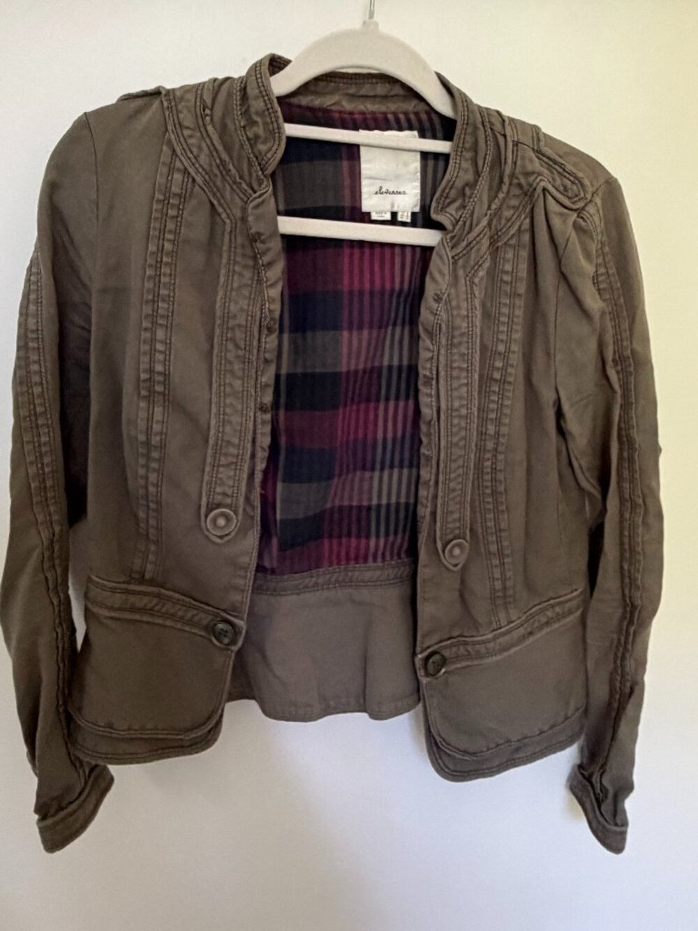 Elevenses (Anthropologie) Olive Utility Jacket, Plaid Lining (US 6 / UK 10 / EU